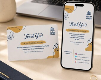 May include: A rectangular thank you card and a smartphone displaying a matching digital thank you note. Both feature the Tailor Made logo, mustard yellow abstract shapes, and blue text that reads To Our Amazing Customer and Thank You.
