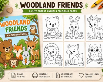 May include: A digital coloring book set titled Woodland Friends featuring 6 cute forest animals. The set includes a colorful cover page and 6 black and white line art pages showing a bear, rabbit, deer, hedgehog, fox, and owl. US letter size 8.5 x 11 inches.