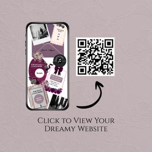 May include: A smartphone screen displays a digital wedding invitation with purple floral accents, photos, and buttons labeled "Details," "Click To Listen," and "RSVP HERE." A large black and white QR code sits to the right with an arrow pointing to it.