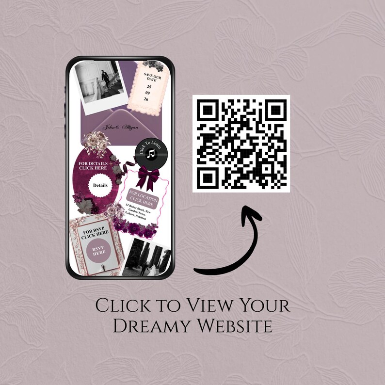 May include: A smartphone screen displays a digital wedding invitation with purple floral accents, photos, and buttons labeled "Details," "Click To Listen," and "RSVP HERE." A large black and white QR code sits to the right with an arrow pointing to it.
