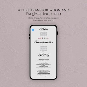 May include: A smartphone screen displays a digital event information page with the headings Attire, Transportation, and FAQ. The text provides details on dress code, travel logistics, and common questions, set against a light gray background.