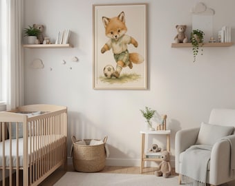 May include: A framed wall art print featuring a watercolor-style illustration of a fox wearing a light-colored shirt and green shorts, running while kicking a soccer ball on a grassy field. The artwork is displayed in a light wood frame.