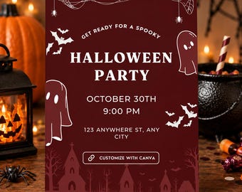 May include: A dark red rectangular Halloween party invitation card featuring white line art of ghosts, bats, and spiderwebs. The text reads: GET READY FOR A SPOOKY HALLOWEEN PARTY, OCTOBER 30TH 9:00 PM, 123 ANYWHERE ST, ANY CITY, and CUSTOMIZE WITH CANVA.