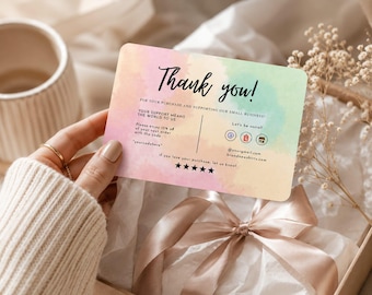 May include: A rectangular thank you card with rounded corners featuring a pastel watercolor background in pink, yellow, and green. The text reads Thank you! For your purchase and supporting our small business, your support means the world to us.