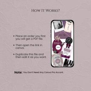 May include: A digital invitation template displayed on a smartphone screen, featuring a dark purple and floral theme with text reading How It Works, Place an order, Then open the link in canva, Duplicate this file, and Note: You Don't Need Any Canva Pro Accont.