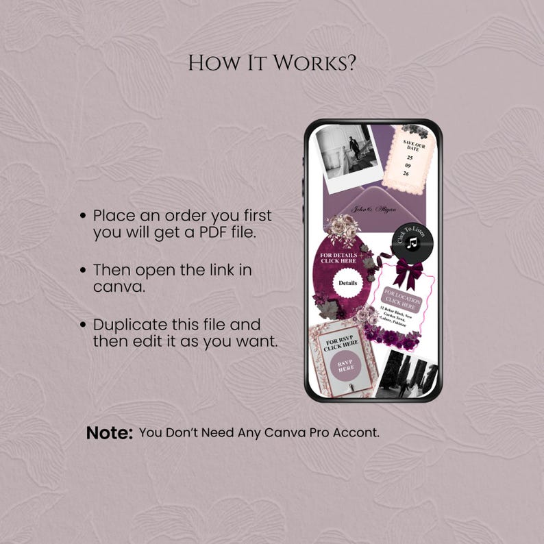 May include: A digital invitation template displayed on a smartphone screen, featuring a dark purple and floral theme with text reading How It Works, Place an order, Then open the link in canva, Duplicate this file, and Note: You Don't Need Any Canva Pro Accont.