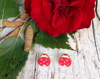 Small Wood Ladybug Earrings with silver plated studs - Natural Bohemian Laser Cut Jewelry Gift Idea with special message