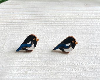 Small Wood Magpie Birds Studs Earrings Silver Plated - Natural Bohemian Laser Cut Jewelry Gift Idea with special message