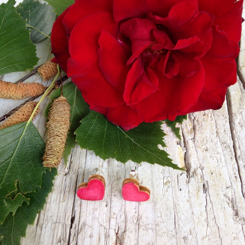 Small Wood Heart Earrings with silver plated studs Natural Bohemian Laser Cut Jewelry Gift Idea with special message Blend