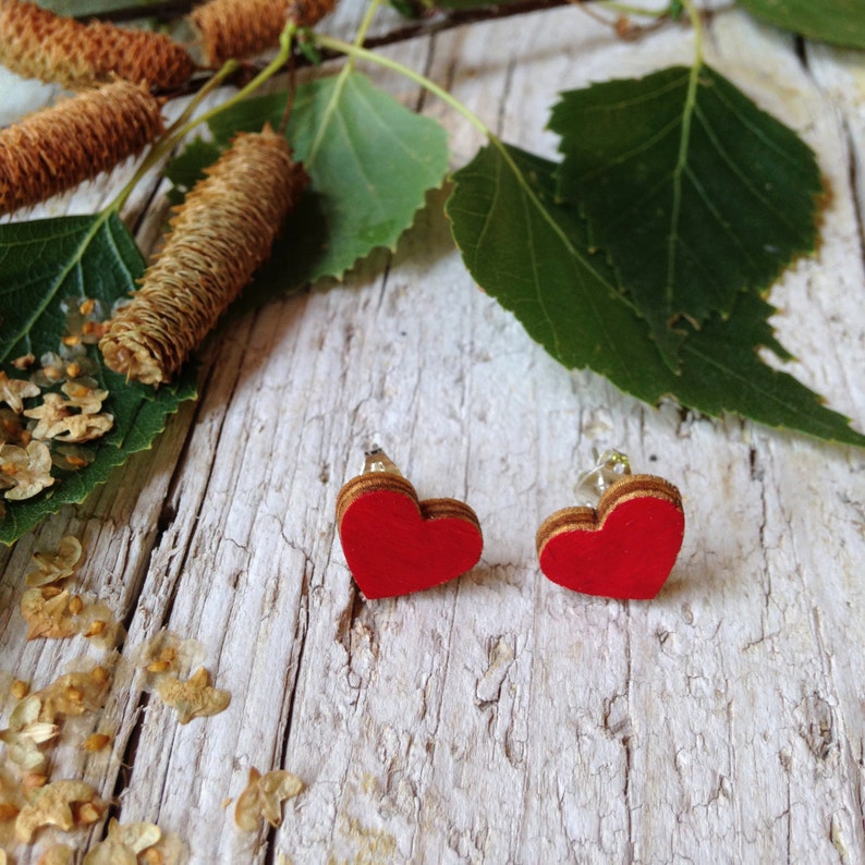 Small Wood Heart Earrings with silver plated studs Natural Bohemian Laser Cut Jewelry Gift Idea with special message Red