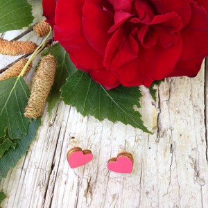 Small Wood Heart Earrings with silver plated studs Natural Bohemian Laser Cut Jewelry Gift Idea with special message Pink