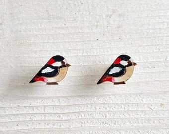 Small Wood Spotted Woodpecker Birds Studs Earrings Silver Plated - Natural Bohemian Laser Cut Jewelry Gift Idea with special message