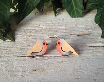 Small Wood Facing Robin Earrings with silver plated studs - Natural Bohemian Laser Cut Jewelry Gift Idea with special message