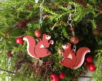 Squirrel Wood Dangle Earrings with Swarovski crystals and Goldstone - Gifts for Her / Laser Cut Wood Jewelry / Birthday Gift /Gifts Under 25