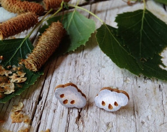 Small Wood Rain Earrings with silver plated studs - Natural Bohemian Laser Cut Jewelry Gift Idea with special message