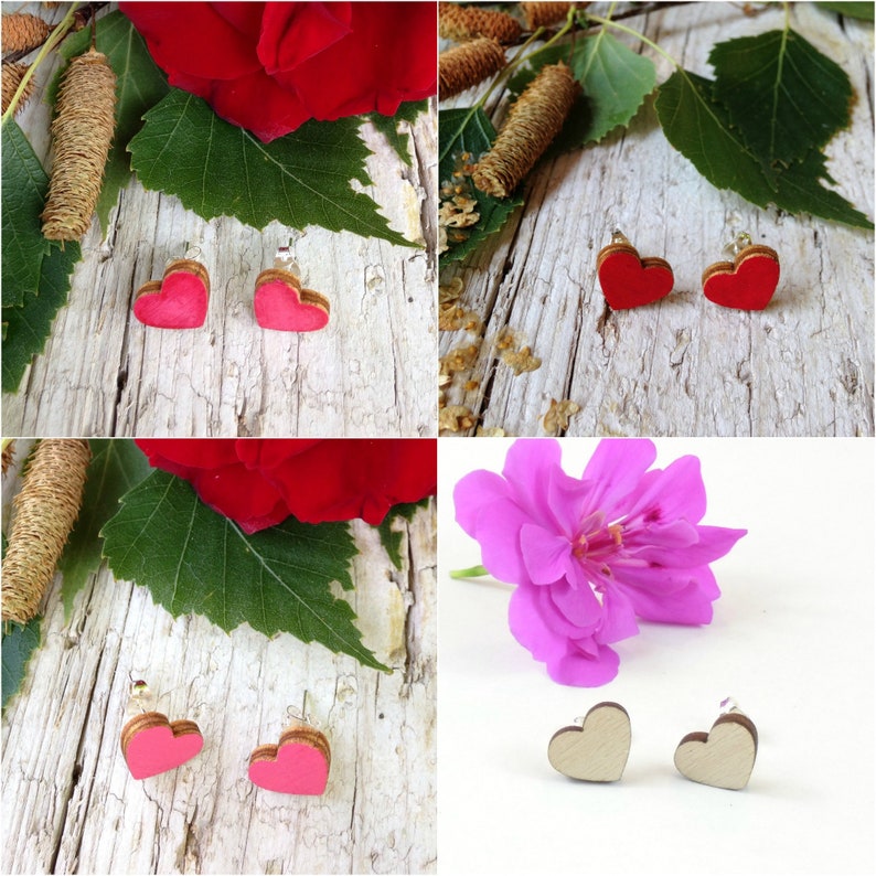 Small Wood Heart Earrings with silver plated studs Natural Bohemian Laser Cut Jewelry Gift Idea with special message image 4