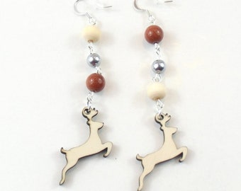 Romantic Springing Deer Wood Earrings with goldstone and hematite - Natural Bohemian Laser Cut Jewelry