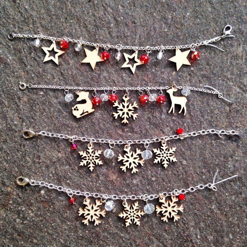 Natural Bohemian Laser Cut Jewelry Romantic Three Deers Wood Bracelet with red and clear crystals