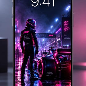 Puede incluir: Un smartphone que muestra una pantalla de bloqueo con temática de Fórmula 1. El fondo de pantalla presenta a un piloto de carreras con traje y casco negros junto a un coche en una pista mojada de noche, iluminado por luces de neón rosas y azules.