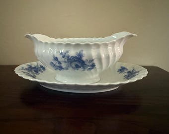 Vintage Haviland Limoges Sauciere mit Untere | Blaues florales Porzellan, Frankreich
