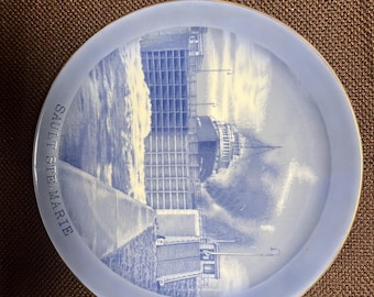 Vintage Sault Ste. Marie Blue White Plate | Japan Souvenir Scenic Wall Decor