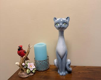 Vintage Long Neck Cat Figurine | Mid Century Japan Ceramic Blue-Gray Statue