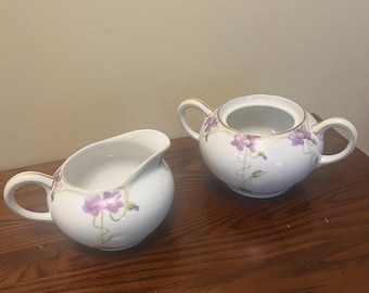 Hand Painted Nippon Creamer Sugar Bowl Set | Purple Floral Porcelain Tea Set