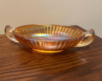 Bombonera de cristal de carnaval ámbar vintage / Bombonera ovalada iridiscente color caléndula con dos asas