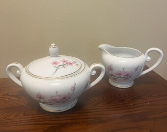 Vintage Cherry Blossom Creamer Sugar Bowl | Pink Floral Porcelain Gold Trim Made in Japan