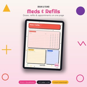 May include: A digital tablet displaying a Meds & Refills planner page with sections for daily medication schedules, refill tracking, and appointments. The layout features a red header, a pink medication table, a yellow refill list, and a blue appointment box.