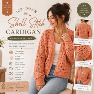 May include: A crochet pattern PDF for a top-down shell stitch cardigan. The image displays a peach-colored, long-sleeved, button-up cardigan with a textured shell stitch pattern, ribbed cuffs, and a V-neckline, shown on a person wearing jeans.