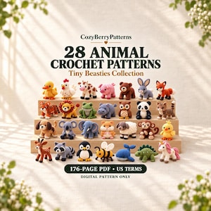 以下が含まれることがあります： CozyBerryPatternsによる「Tiny Beasties Collection」と題された28種類の動物の編み図デジタルコレクション。画像には、アヒル、ブタ、クマ、ユニコーンなど、木製の階段に並べられた28体のカラフルな編みぐるみが写っています。