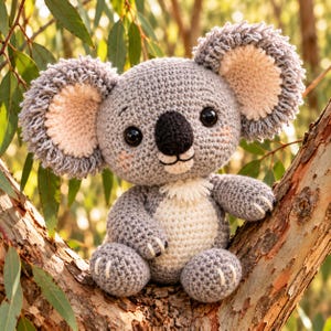 May include: A crocheted koala stuffed animal featuring a gray body, a cream-colored belly, and large, fuzzy gray and cream ears. The koala has black plastic eyes, a black nose, and small embroidered details on its cheeks and paws.