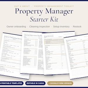 Puede incluir: Un kit de inicio para gestores de propiedades con cuatro plantillas imprimibles: cuestionario de bienvenida, lista de limpieza, inventario y lista de reposición. Documentos blancos con texto en azul oscuro.