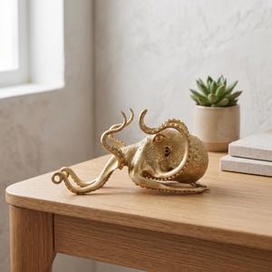 May include: A gold-colored octopus figurine with a textured surface, featuring eight curved tentacles and a rounded head. The sculpture is crafted with detailed suckers along the underside of the arms and a smooth, metallic finish throughout the body.