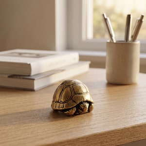 May include: A small, metallic, gold-toned turtle figurine with a detailed, segmented shell pattern. The turtle is depicted in a retracted position, with its head and limbs tucked closely beneath the rounded, textured shell surface.