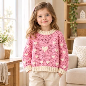 Può includere: Un maglione all'uncinetto a maniche lunghe in rosa acceso con un motivo ripetuto di piccoli cuori color crema. Il capo presenta uno scollo rotondo a coste e polsini a coste in una tonalità crema abbinata per una finitura strutturata.