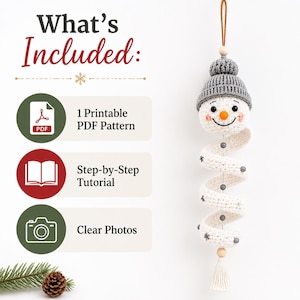May include: A crochet snowman ornament with a grey hat, orange nose, and spiral white body featuring small grey accents. Text reads: What's Included: 1 Printable PDF Pattern, Step-by-Step Tutorial, Clear Photos. A brown pinecone sits at the bottom left.