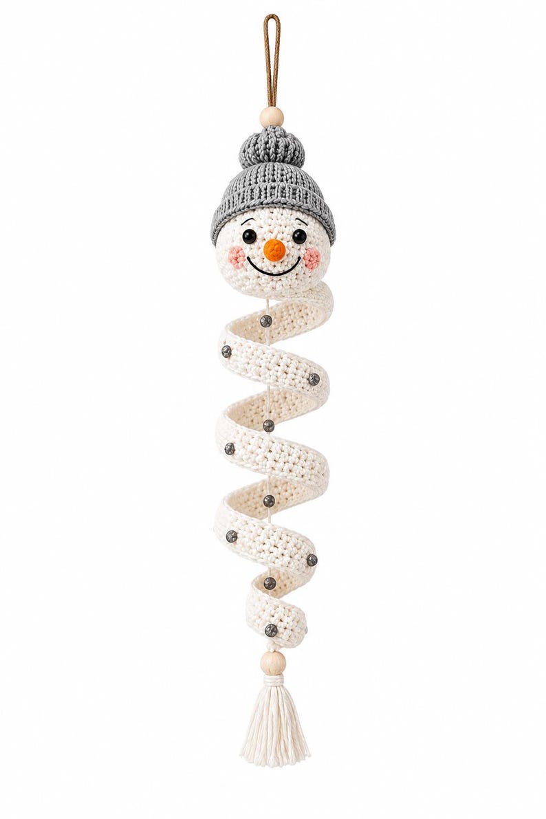 Crochet spiral snowman holiday ornament isolated on clean white background