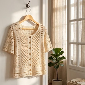May include: A cream-colored short-sleeve cardigan featuring an intricate openwork crochet pattern, a round neckline, and a vertical row of seven small brown buttons down the center front. The garment is displayed on a wooden hanger.