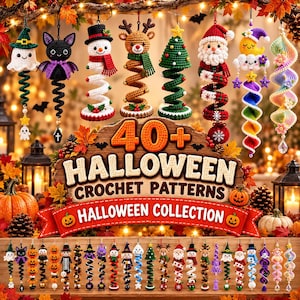 May include: A collection of crocheted hanging ornaments featuring various holiday characters like ghosts, bats, snowmen, reindeer, Christmas trees, Santa Claus, and crescent moons, displayed with a sign reading 40+ HALLOWEEN CROCHET PATTERNS.
