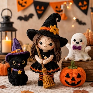 Halloween-virkmönsterpaket: Häxa, Katt, Spöke, Pumpa-Amigurumi (Digital nedladdning)