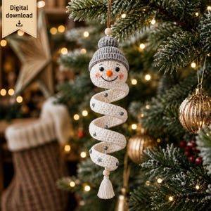 Snögubbe-virkmönster PDF, Spiraljuldekoration, Amigurumi-hängande juldekoration