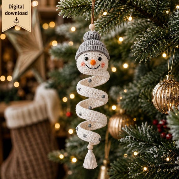 Crochet Snowman Pattern, Spiral Christmas Ornament, Snowman Crochet PDF, Hanging Holiday Decor, Christmas Tree Decoration