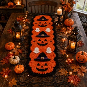 Peut inclure: Un long chemin de table en crochet rectangulaire présentant un motif répétitif de citrouilles orange portant des chapeaux de sorcière noirs avec des bandes violettes, entrecoupées de petits fantômes blancs, bordé d'un liseré noir festonné.