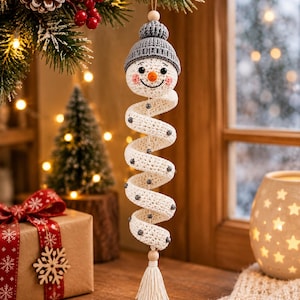 Festive Christmas home decor featuring handmade crochet spiral snowman hanging decoration