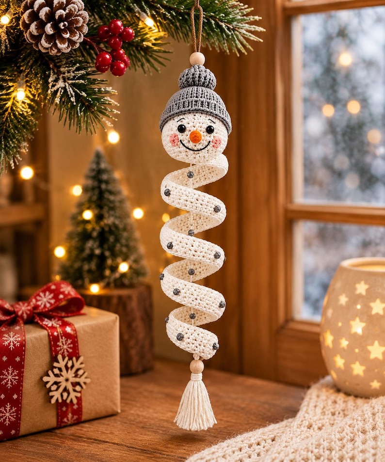Festive Christmas home decor featuring handmade crochet spiral snowman hanging decoration