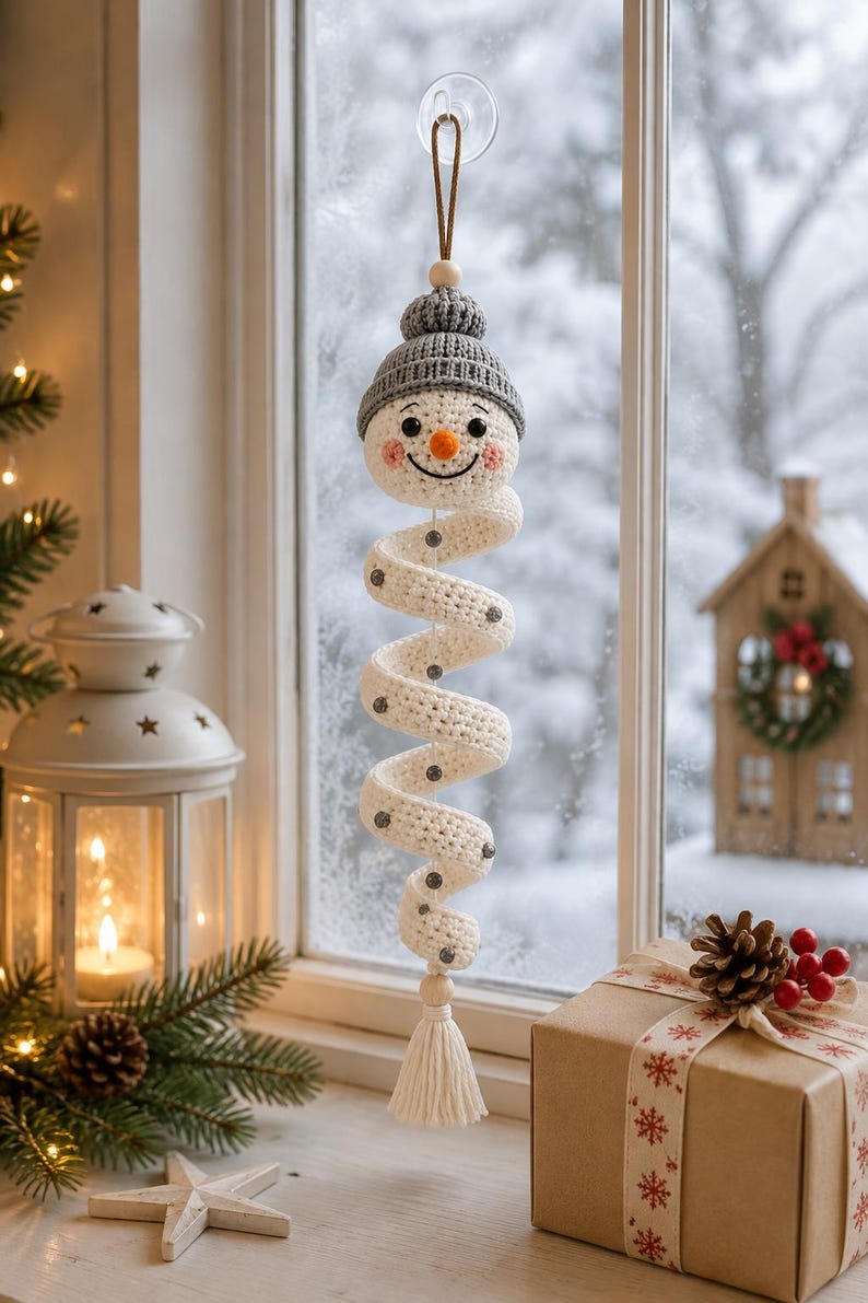 Festive Christmas home decor featuring handmade crochet spiral snowman hanging decoration