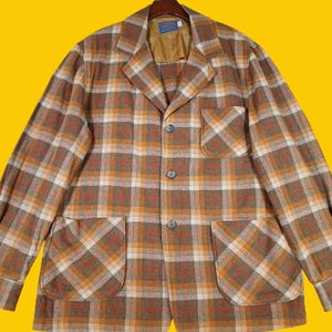 Vintage Pendleton Chore Coat Shaket Women's L Plaid Orange Brown Wool USA Made