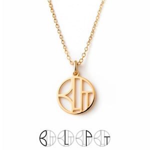May include: A gold-colored necklace featuring a circular pendant with an openwork design. The pendant displays stylized geometric letters that form the characters B, L, P, and T. The pendant hangs from a delicate gold-colored chain link necklace.